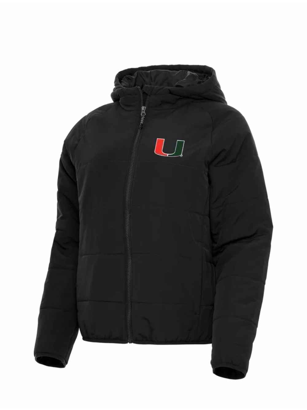 Antigua Black Women’s Puffer Jacket with Hood - Univ of Miami Hurricanes